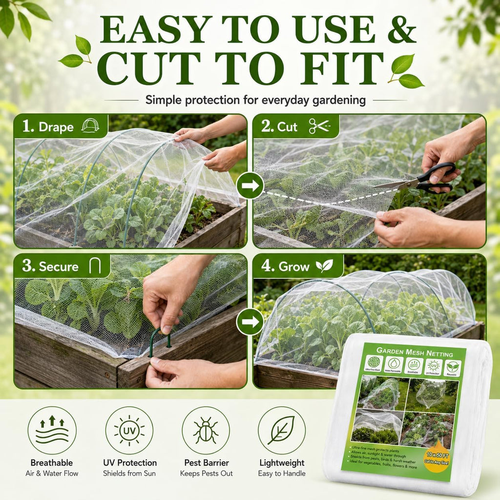 10 ft x 50 ft Garden Mesh Netting,Ultra Fine Plant netting for garden protection, garden netting for raised beds