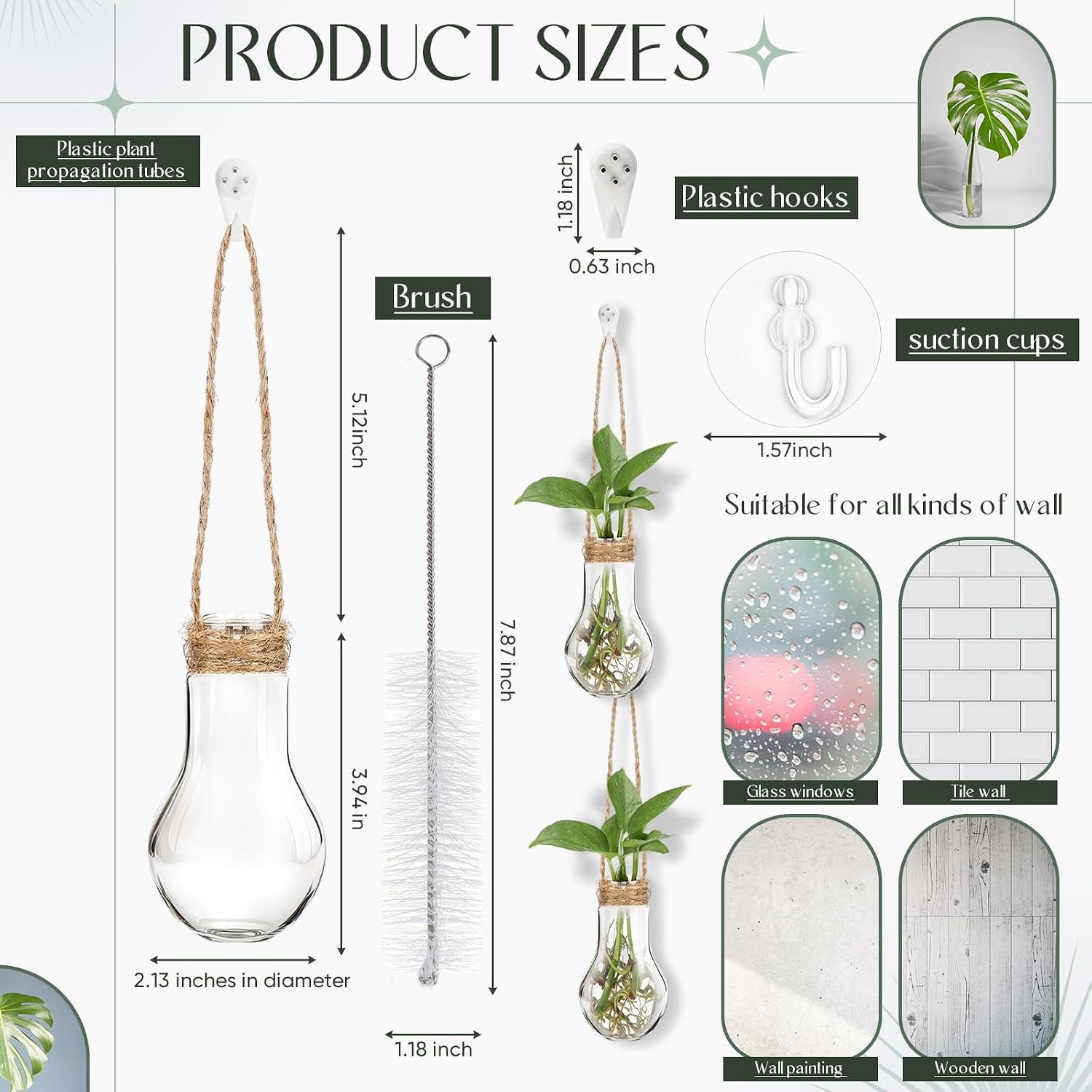 18 Sets 3.94" Plastic Window Propagation Stations Hanging Propagation Vases Plant Test Tubes with Suction Cup &