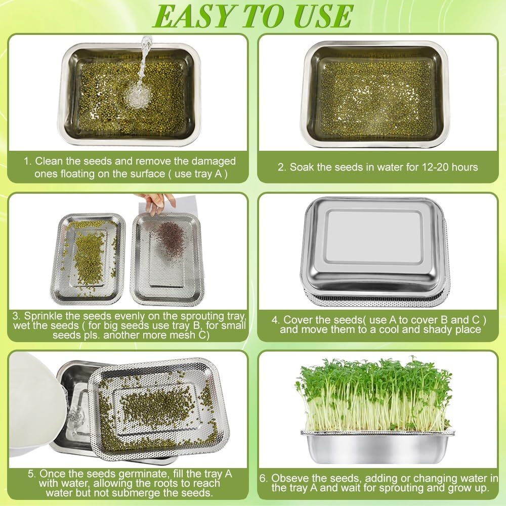 Picowe Stainless Steel Sprouting Trays Seed Sprouting Kit with Stainless Steel Mesh Tray Seed Starter Tray Seed