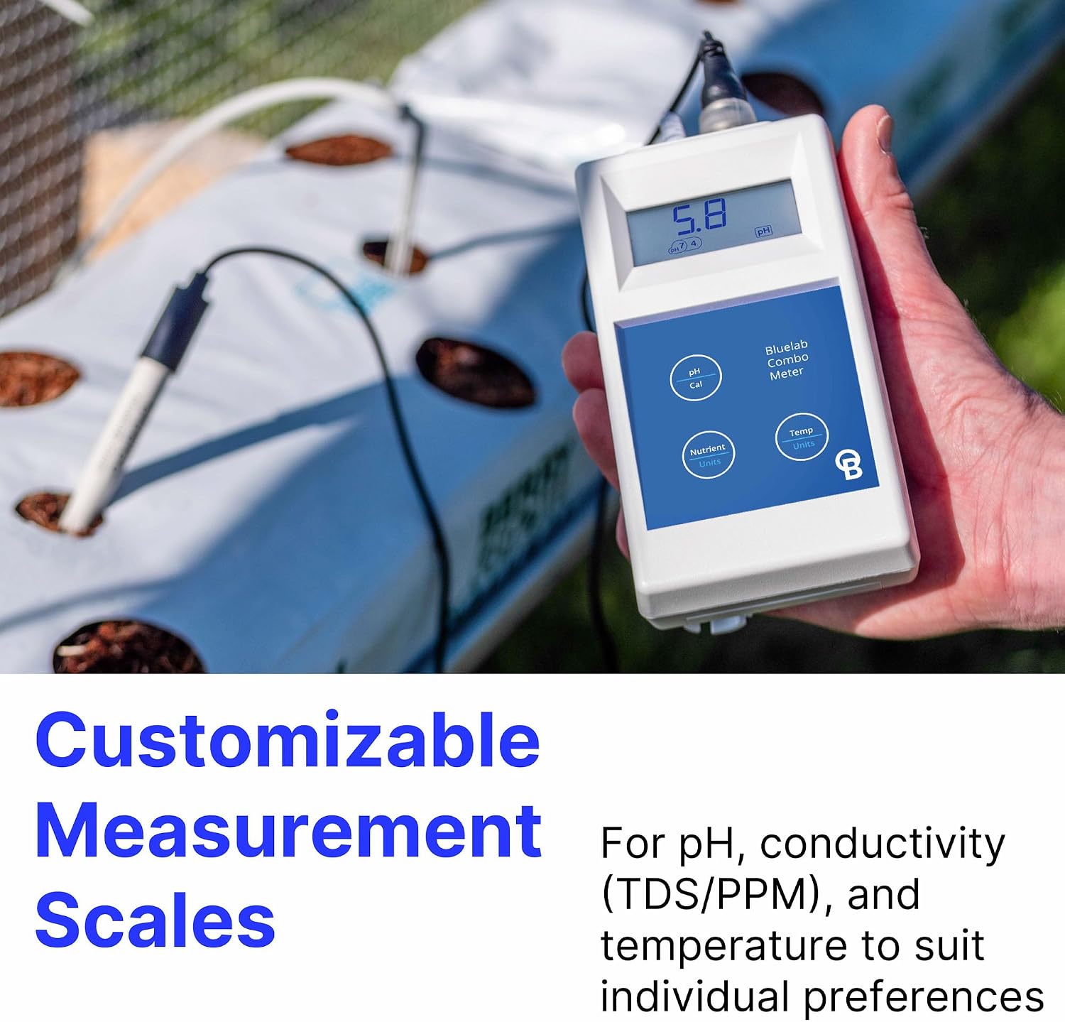 Bluelab METCOMPLUS Combo Meter Plus for pH, Temperature, and Conductivity in Water and Soil with Easy Calibration