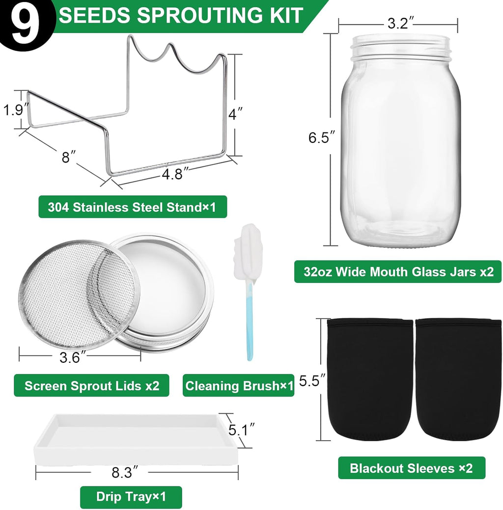 Sprouting Jar Kit, 32 OZ 2 Large Wide Mouth Mason Jars with Sprout Lids, Premium Canning Lids, Blackout Sleeves, Tray