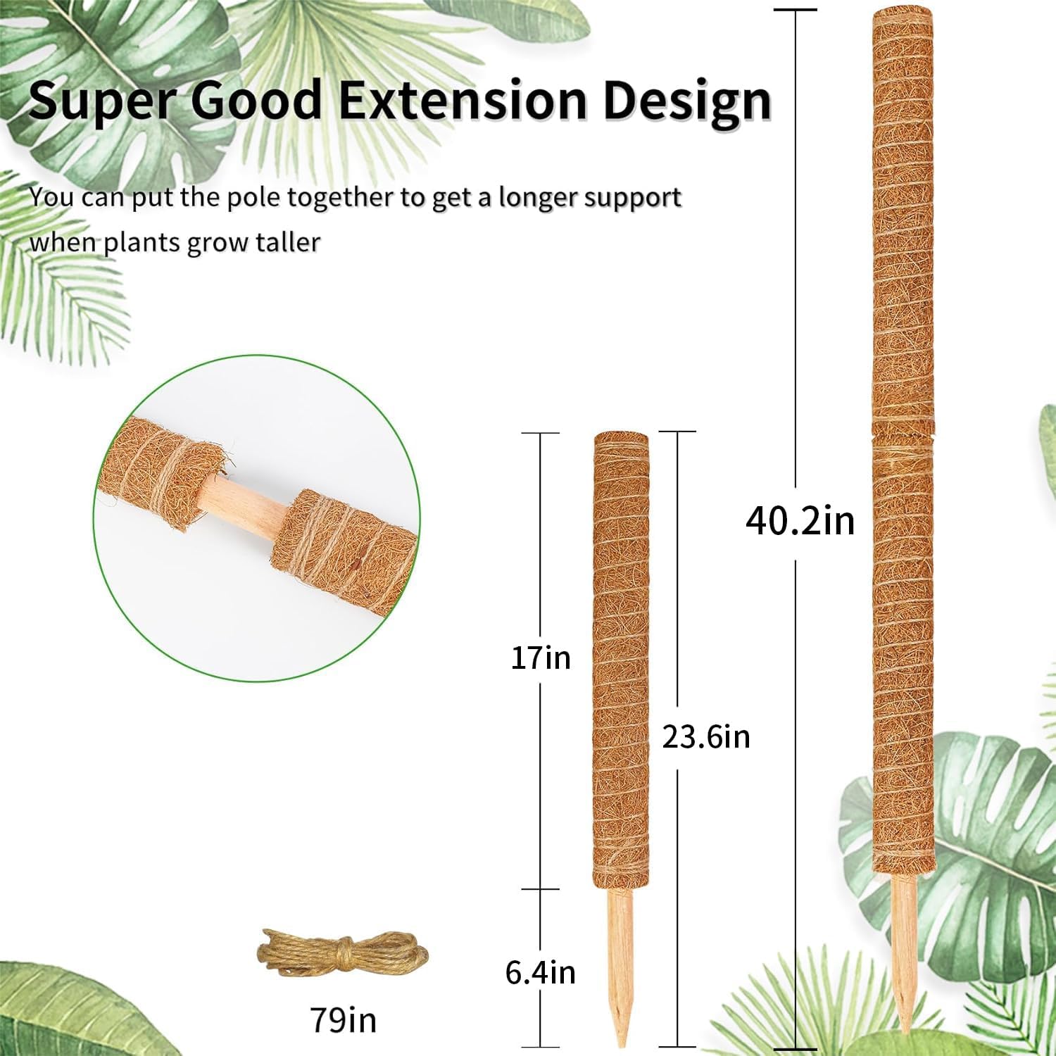 Moss Pole for Plants Monstera,【8 Pack】 23.6 inch Plant Support Pole, Extendable Coir Totem Pole for Potted Plants