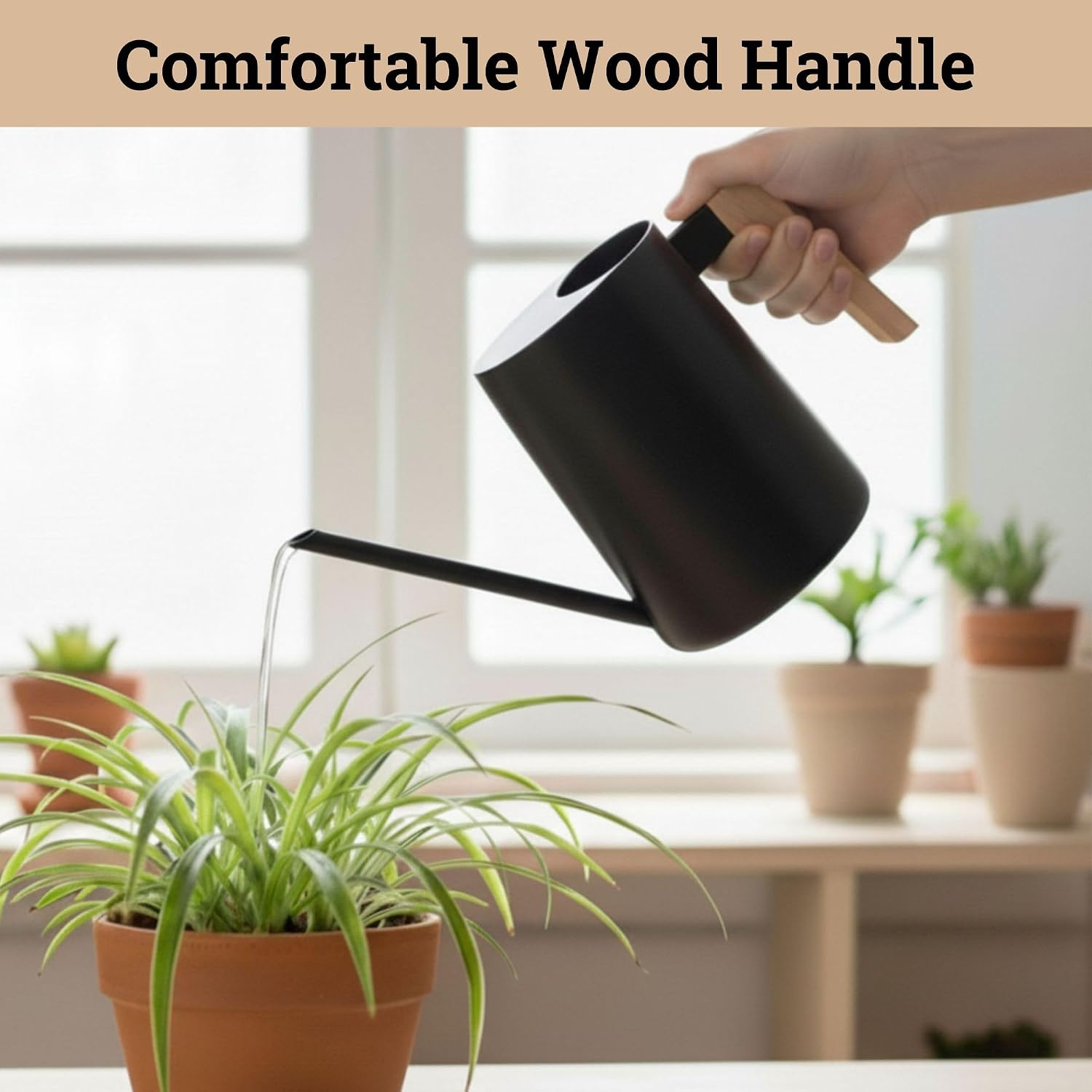 Metal Small Indoor Watering Can with Long Spout & Real Wood Handle, 35oz | Long Spout, Stainless Steel, Real Wood