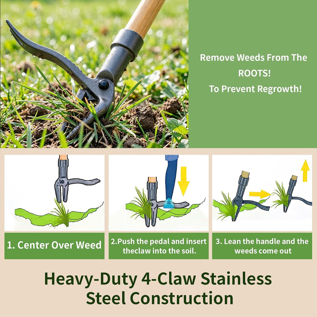 Weed Puller Tool, 44" Stand Up Heavy Duty Root Removal Garden Tools with 4 Claw Steel Head, Made with Real Bamboo &