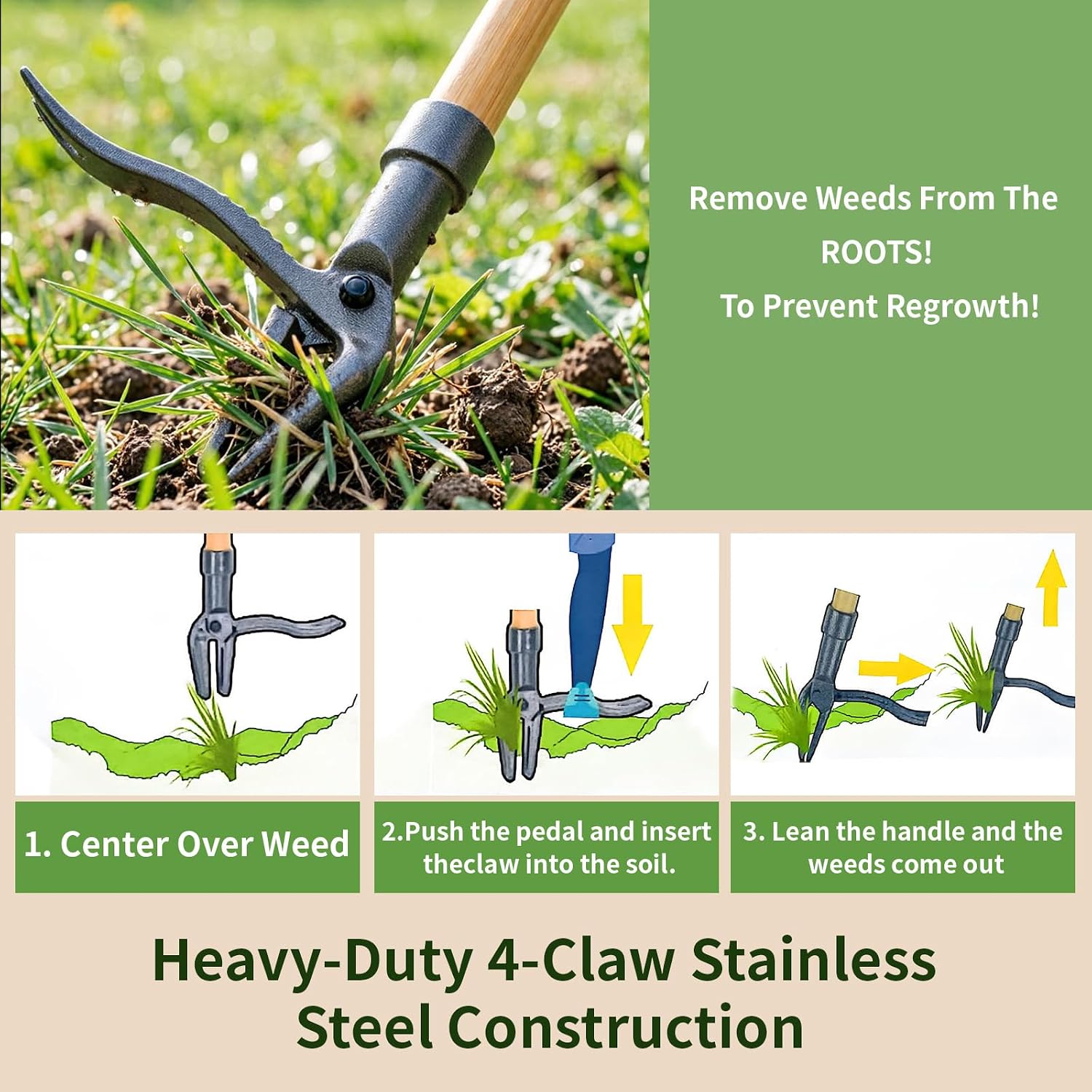 Weed Puller Tool, 44" Stand Up Heavy Duty Root Removal Garden Tools with 4 Claw Steel Head, Made with Real Bamboo &