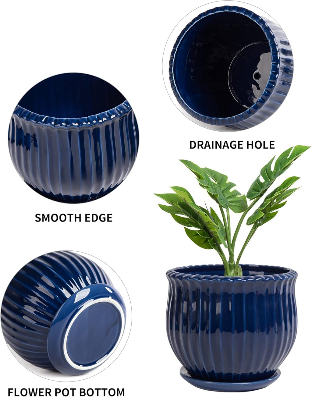 Ceramic Flower Pots, Ceramic Planters with Drainage Hole and Saucer, Modern Round Ceramic Succulent Plant Pots with