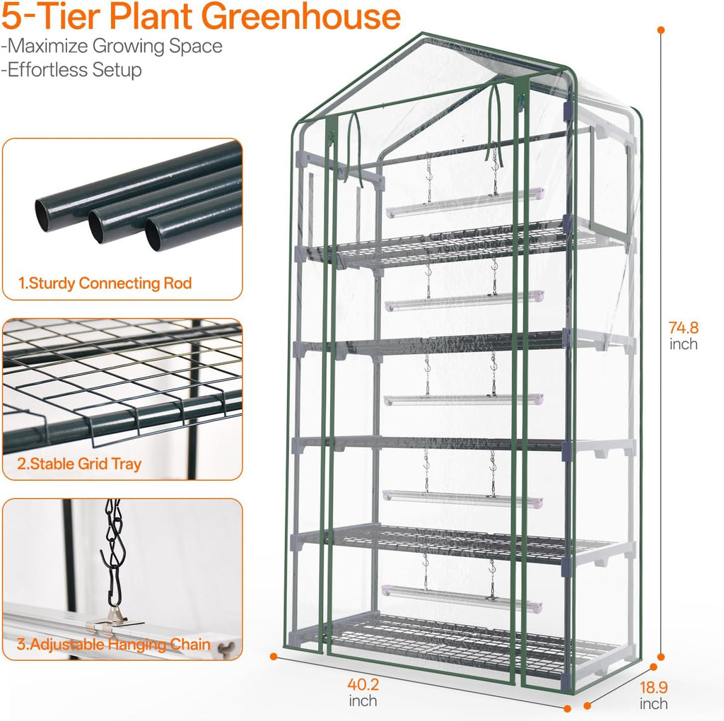 Indoor Greenhouse with Grow Light, 5-Tier Large Greenhouse Cabinet | 5x24W LED Grow Lights, Clear PVC Cover, 5 Heavy