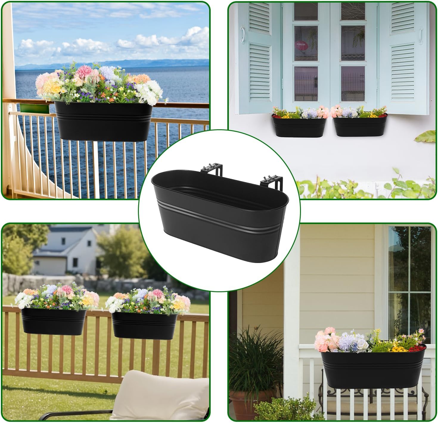 Railing Planter Box 16 Inch Metal Balcony Planters with Adjustable Brackets and Drainage Window Balcony Fence Deck