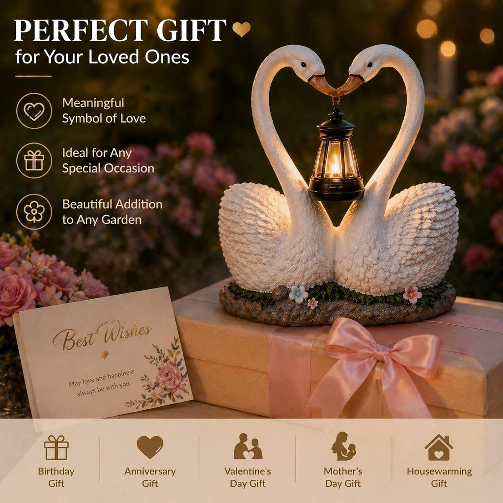 Solar Swan Garden Statue with Hanging Lantern Light, Romantic Swan Couple Outdoor Solar Lights Resin Waterproof Yard