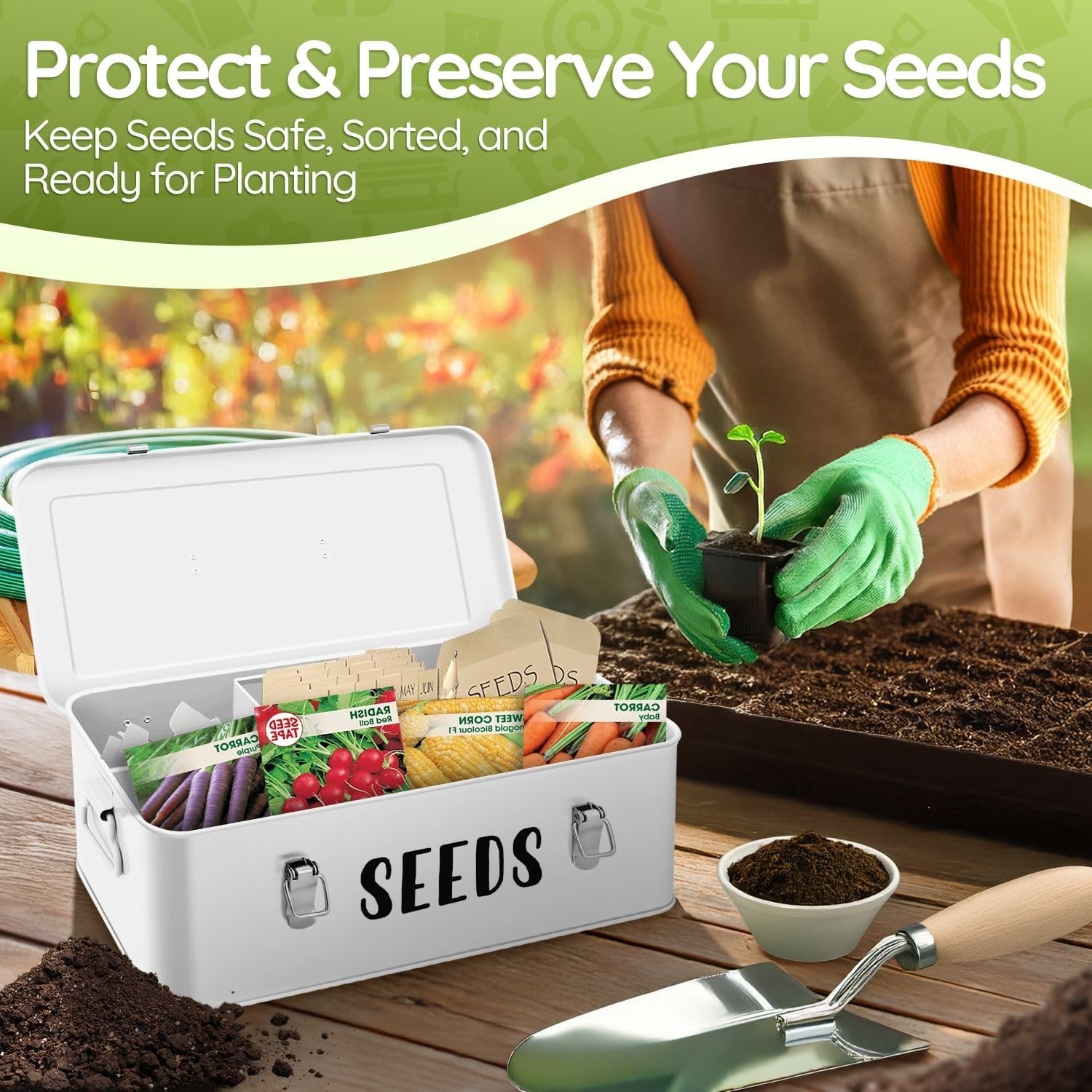 Flexzion Metal Seed Storage Organizer Box, 4 Compartments, 12 Inch, White | Seed Packet Organizer with Hinged Lid, Dual