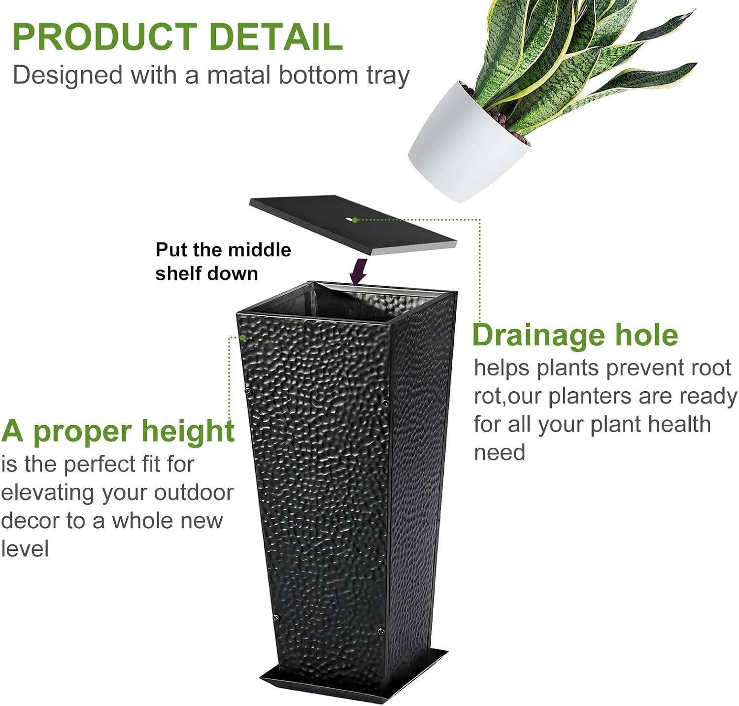 BAYN 2-Pack 24" Tall Metal Planter – Hand-Hammered Textured Large Black Flower Pots Box with Saucer for Outdoor&Indoor