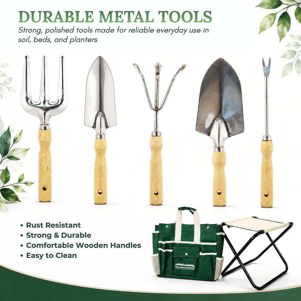 7-Piece Gardening Tool Set with Folding Stool and Storage Tote Bag, Stainless Steel Garden Tools with Wooden Handles
