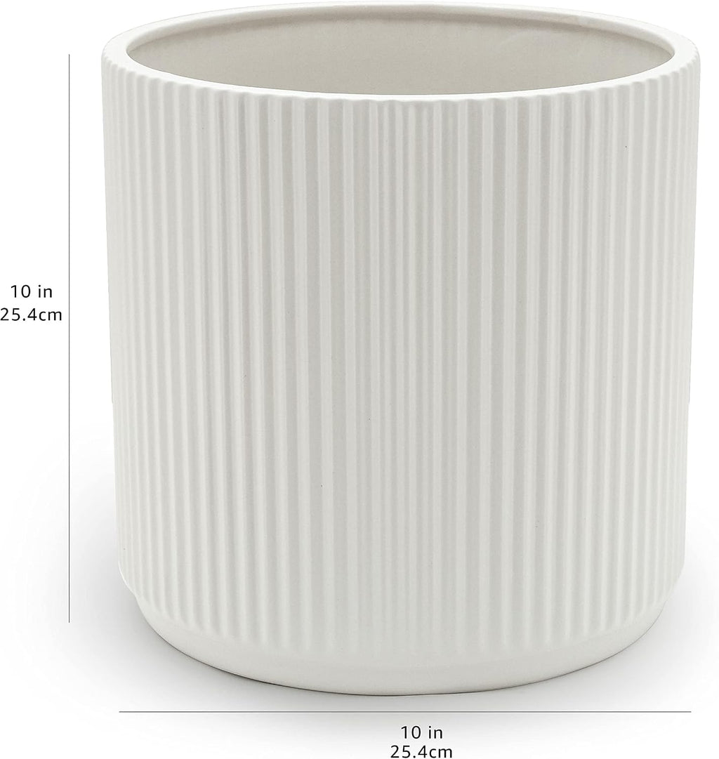 Amazon Basics Fluted Ceramic Planter Pot for Indoor Outdoor Plants, Round Flower Pot with Drainage Hole, 10-inch, White