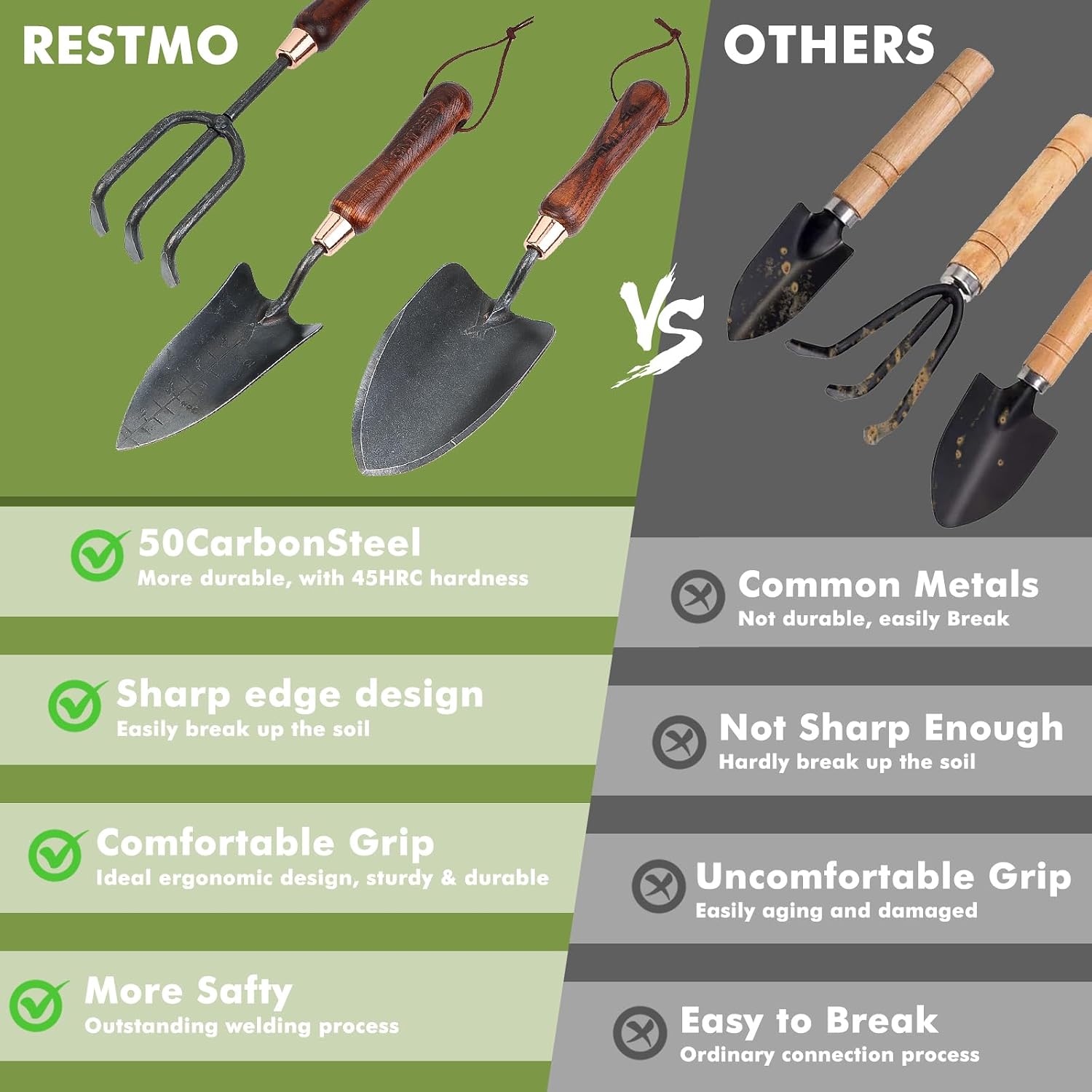 RESTMO Gardening Tools Set, 3-in-1, Carbon Steel, Wooden Handle, Brown | Heavy duty gardening tools kit. Includes