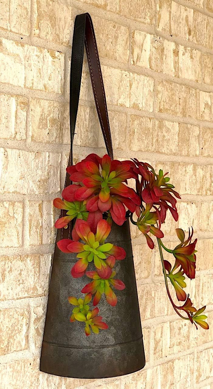 DNS Wall Planter Rustic Metal Half Bucket with Faux Leather Strap Hanging Decorative Flowers Succulent Cactus Indoor