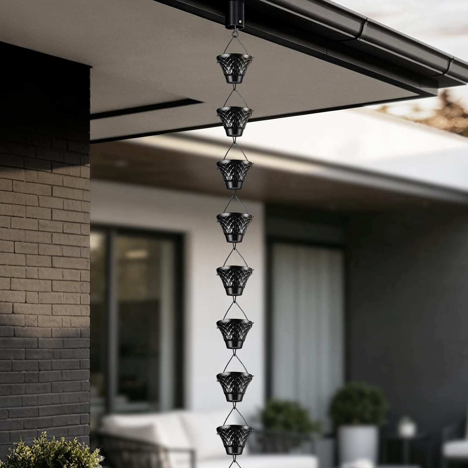 8.5 FT Black Rain Chain with Adapter for Gutters Downspouts Outside | 16 Cups, Large Opening to Avoid Splashing, Easy