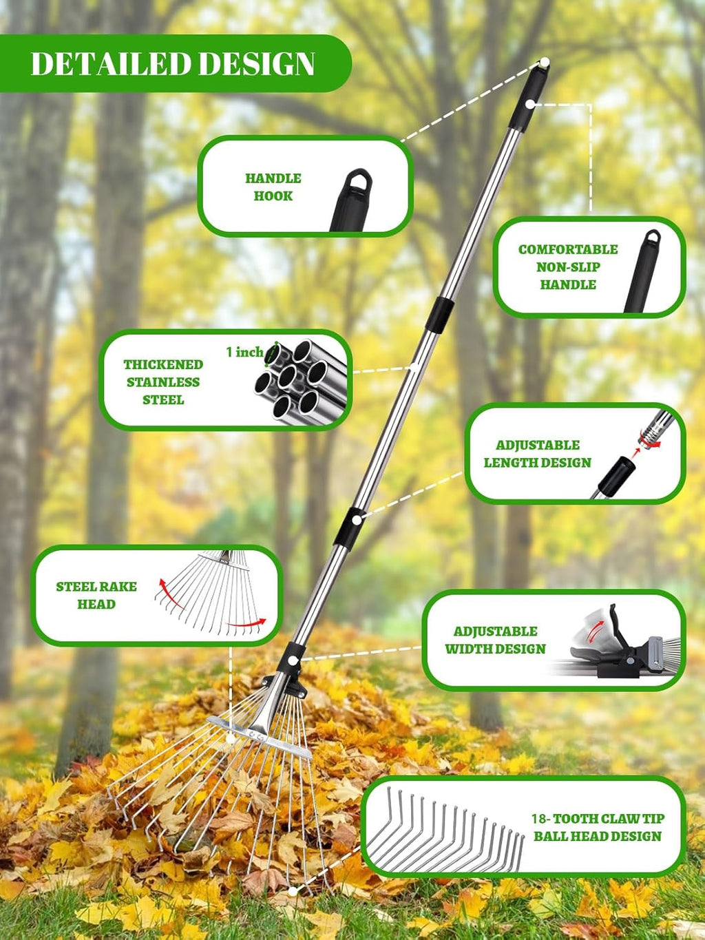 Adjustable Metal Leaf Rake Set Garden Rake for Leaves Long Handle 37"-63" Expandable Head Gardening Tools Set Includes