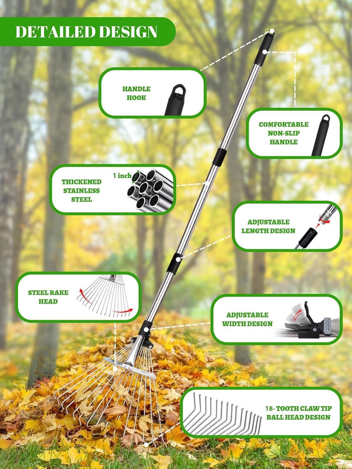 Adjustable Metal Leaf Rake Set Garden Rake for Leaves Long Handle 37"-63" Expandable Head Gardening Tools Set Includes