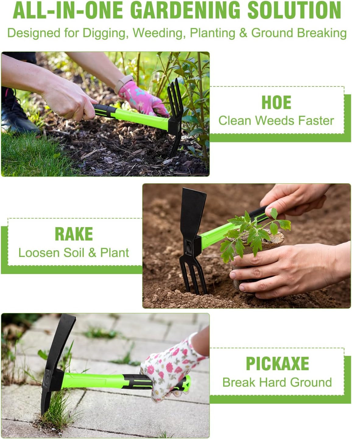2-Piece Garden Hoe and Cultivator Hand Tool Set - 15" Carbon Steel Weeding Tools Gardening, Heavy Duty Hand Hoe, Rake &