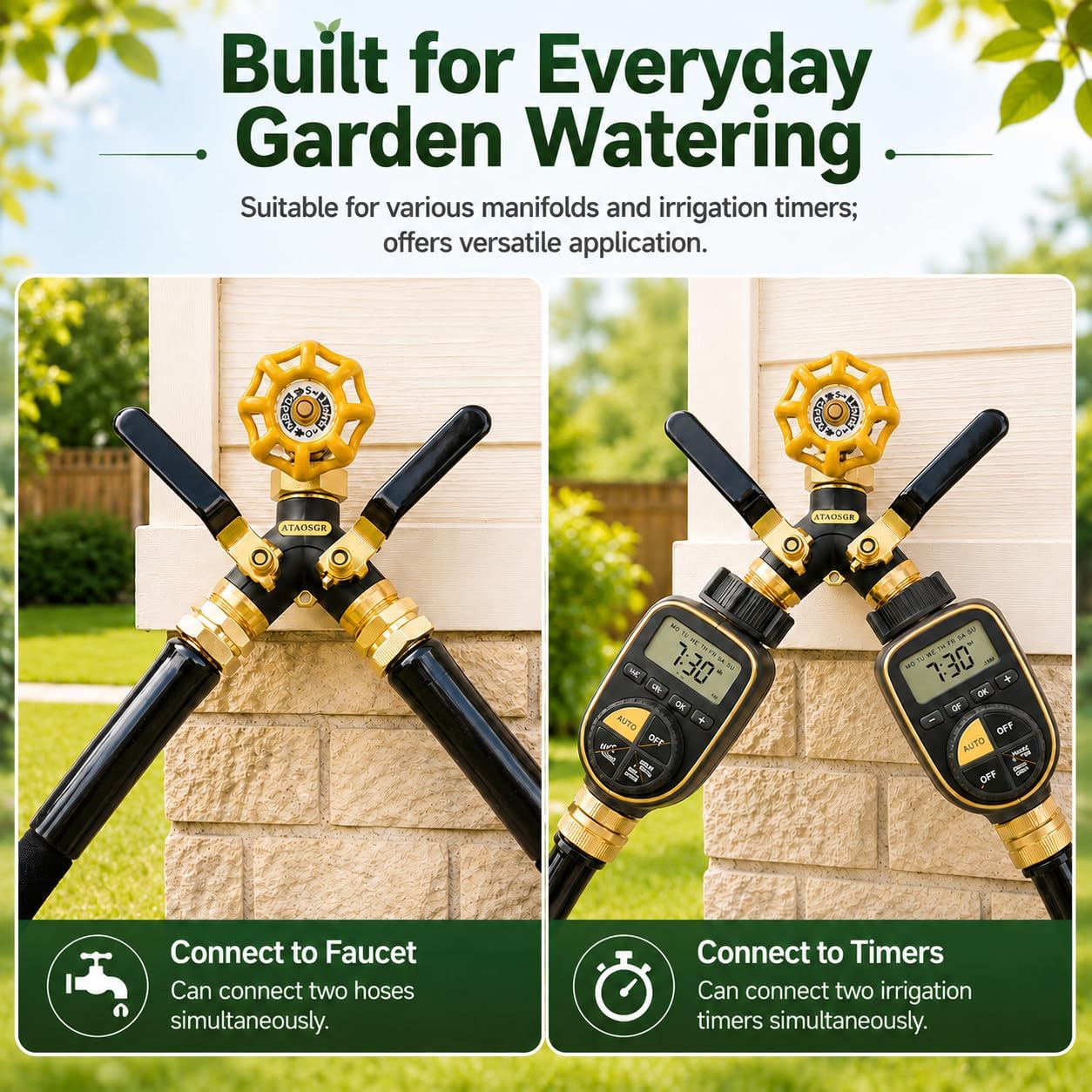 Garden Hose Splitter 2 Way, All Metal Heavy Duty Water Hose Splitter | with 360° Brass Swivel, Large Easy-Turn Handles