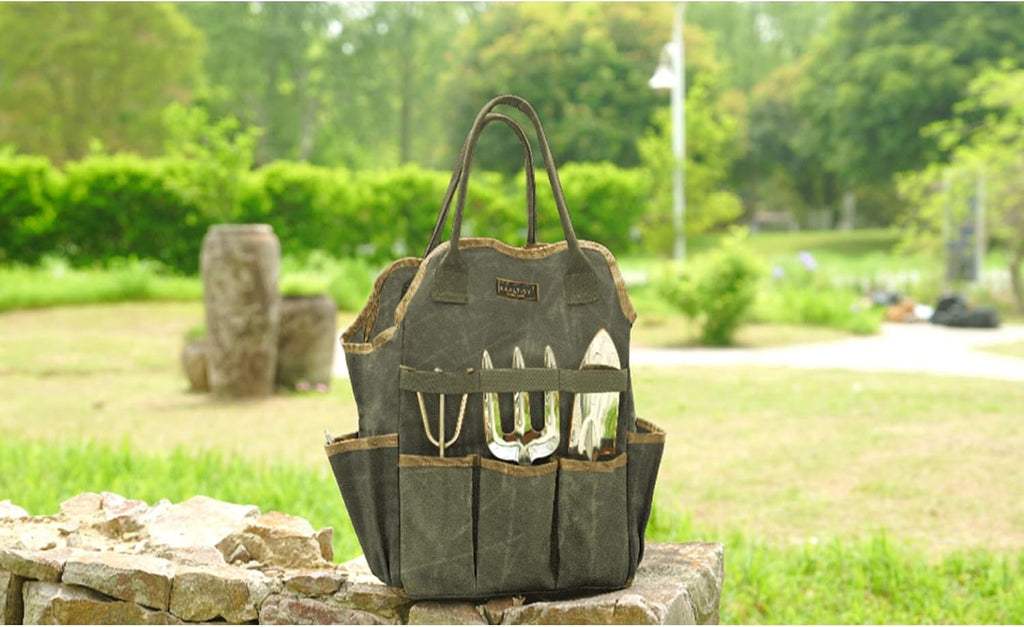 Tool Bag, Heavy Duty 16oz Waxed Canvas Garden Tool Tote - with 3 Inner Slots & 8 Outer Pockets, Multi-Purpose Gardening