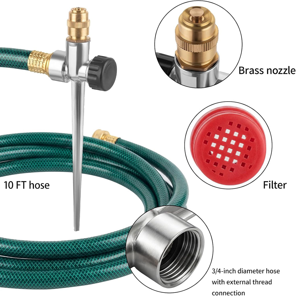 2 Pack Lawn Sprinkler with Hose, Metal Water Garden Sprinklers with Nozzle | Adjustable Brass Nozzle, Aluminum Alloy