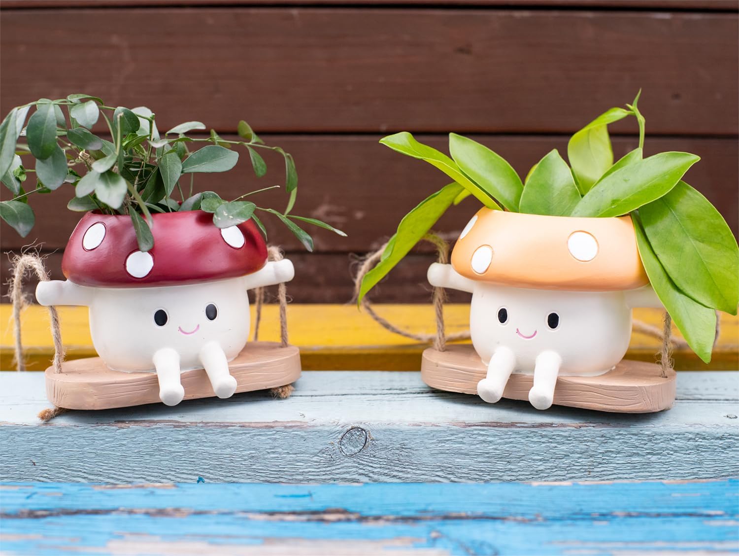 2pcs Mushroom Smily Swing Face Planter Pot Resin (Red&Yellow) | Cute Hanging Resin Flower Head Planter for Indoor