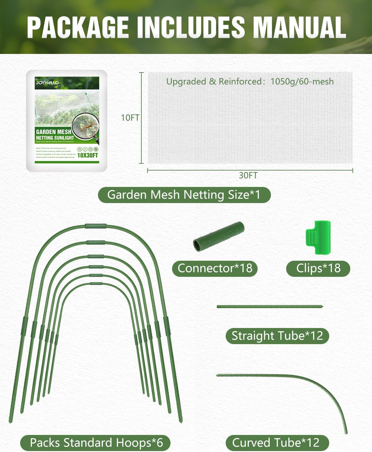 6 Sets Garden Hoops with 10x30 Ft Netting for Raised Beds, 18 Clips | 10x30 Ft Garden Net, Bird & Cicada Net for