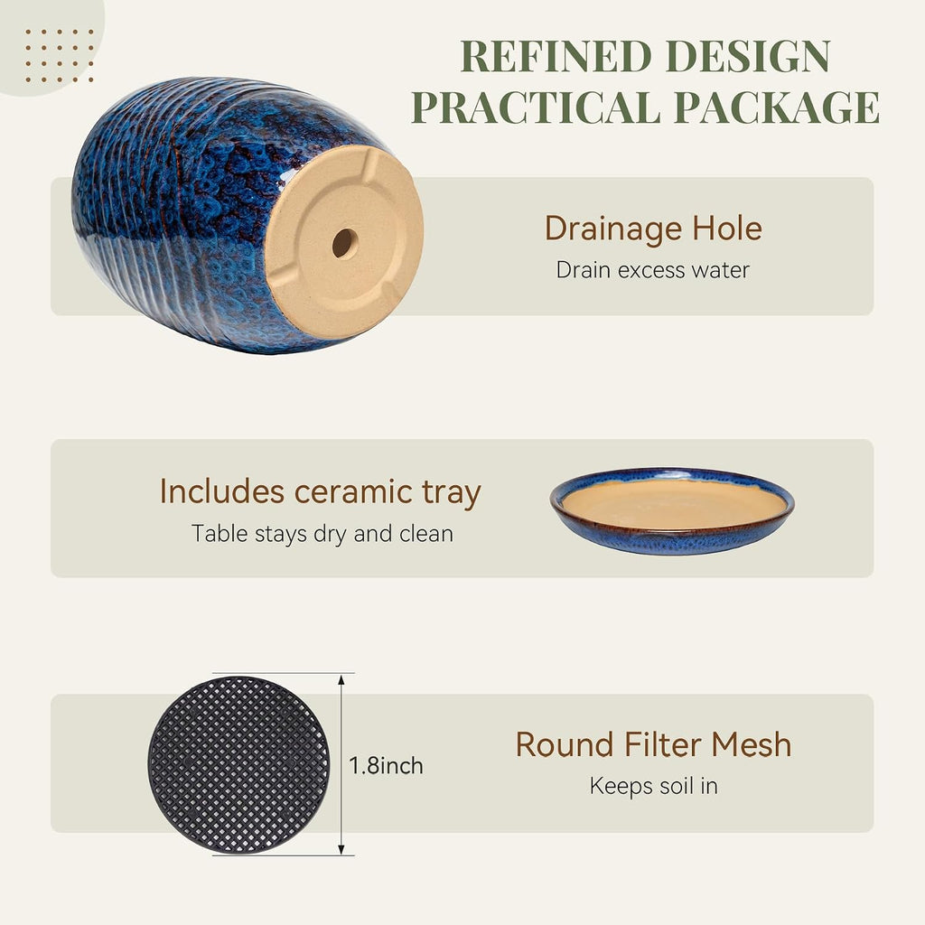 11.8 Inch Modern Ceramic Plant Pot with Saucer, Flower Pot with Drainage Hole Mesh Net,Indoor Outdoor Planter (Speckle