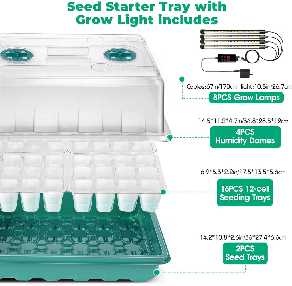 Seed Starter Tray with Grow Light, 192-Cell Seed Starter Kit, Seedling Starter Trays with Humidity Domes, Automatic