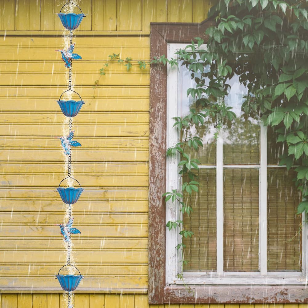 13.4FT Hummingbird Rain Chains for Outside, Gutters,Eaves, Drainage | Metal Rain Chain, 12 Lotus Cups, Decorative Rain
