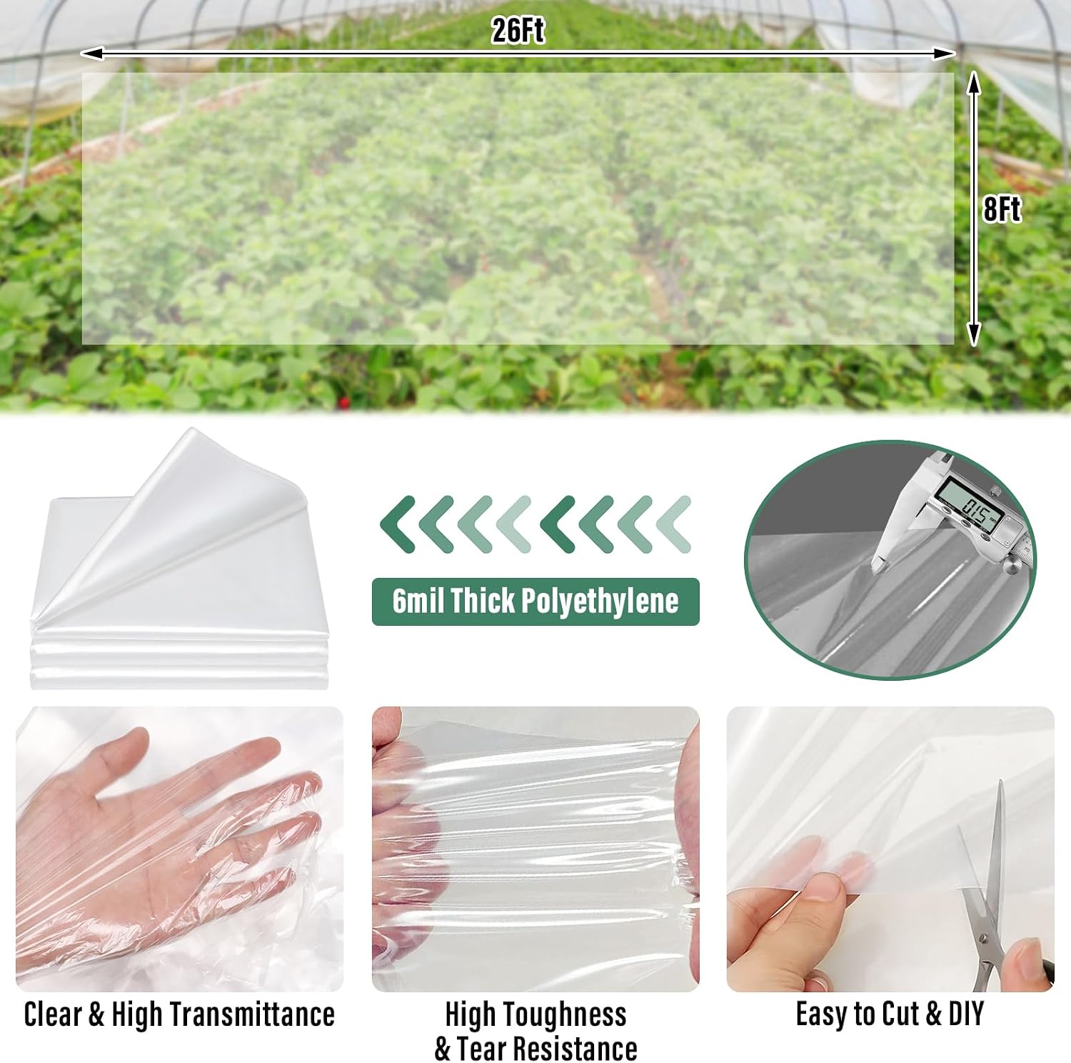 8 X 26 Ft Clear Plastic Plant Covers Freeze Protection- 6 Mil Winter Greenhouse Plastic Sheeting for Frost Water Sun
