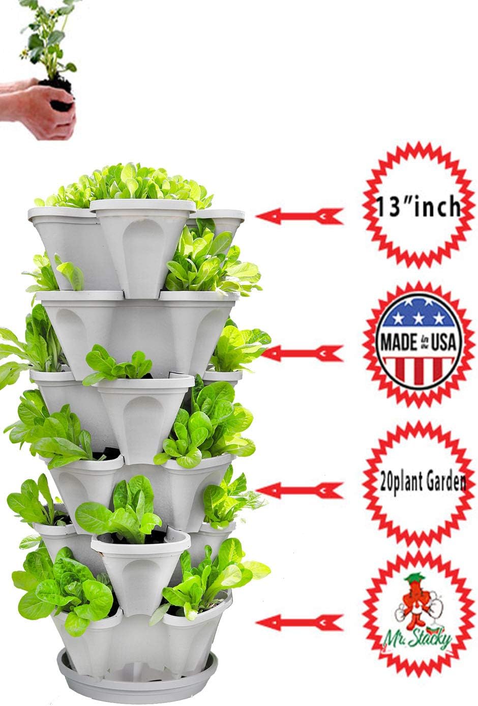 Mr. Stacky© 5-Tier 13 inch Wide - (Stone Color) Strawberry and Herb Garden Planter - Stackable Gardening Pots with 10