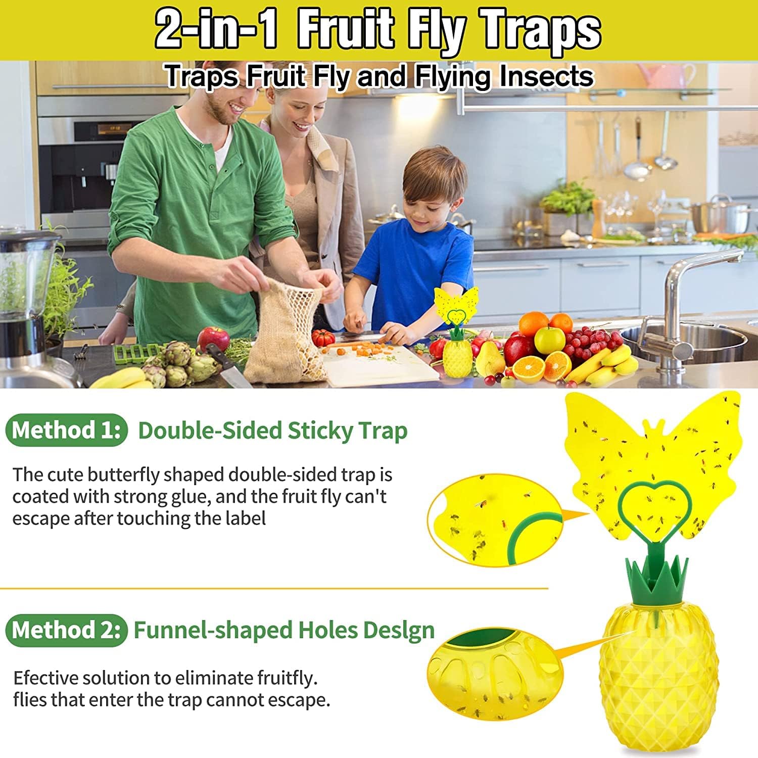 Fruit Fly Trap for Indoors – Effective Gnat Killer and Fly Catcher with Double-Sided Sticker, Non-Toxic Reusable Fly