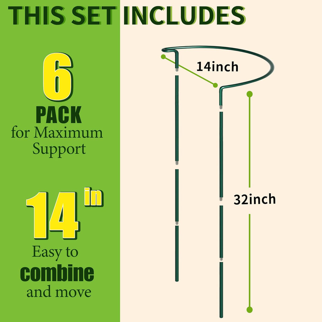 6-Pack Garden Plant Support Cages,14"Diax32"H Heavy Duty Interlinked Half Round Peony Support Rings,Metal Plant Support