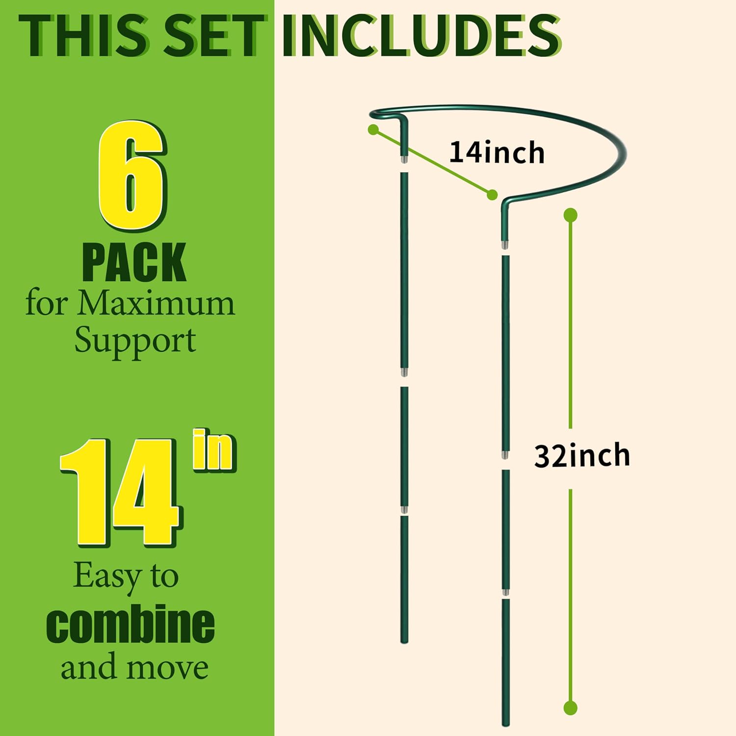 6-Pack Garden Plant Support Cages,14"Diax32"H Heavy Duty Interlinked Half Round Peony Support Rings,Metal Plant Support