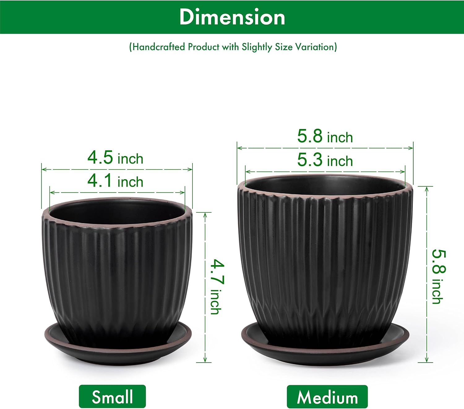 D'vine Dev 2-Pack Stoneware Planter Pots, 4.5/5.8 in, Black, 99-D-2 | Vertical Ribbed Texture, Smooth Glazed Finish