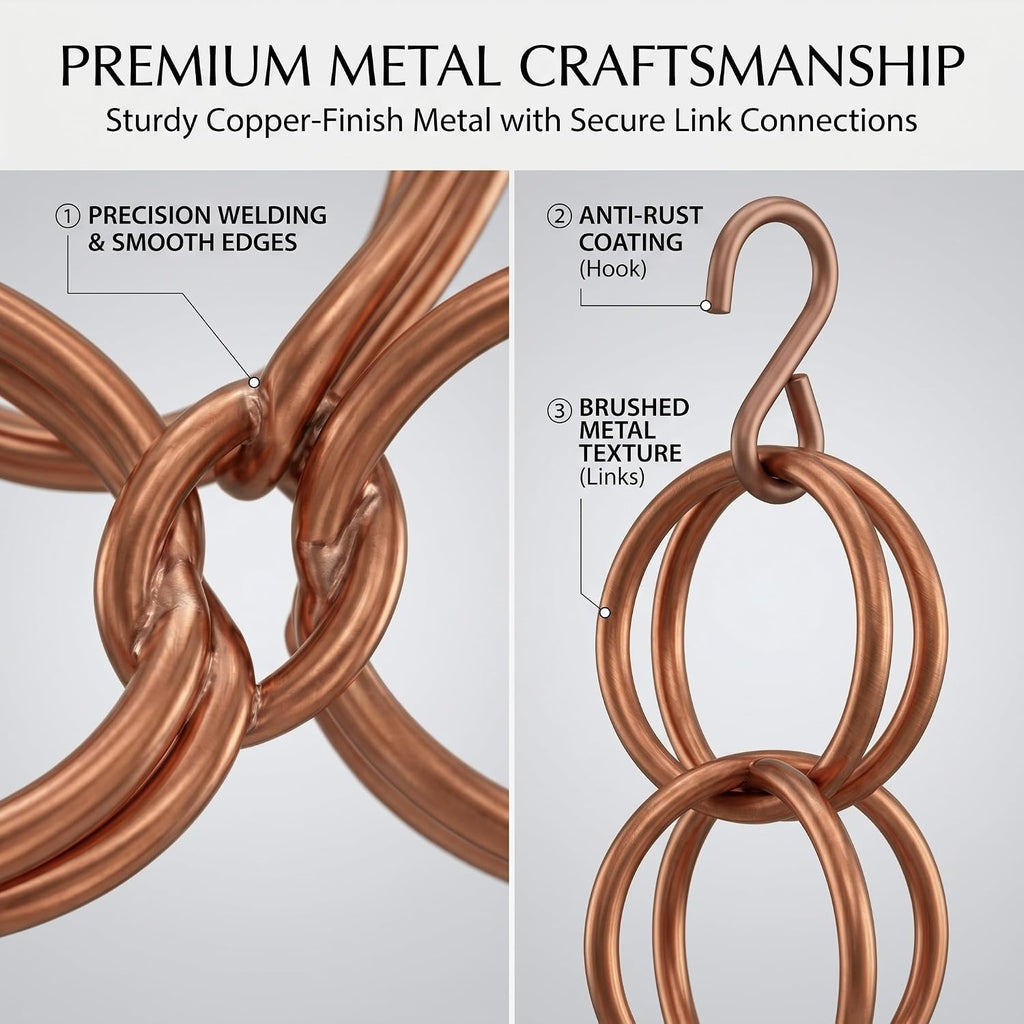 Topadorn 7.7FT Copper-Tone Double Ring Rain Chain | Modern Decorative Metal Downspout Replacement, Adjustable Outdoor