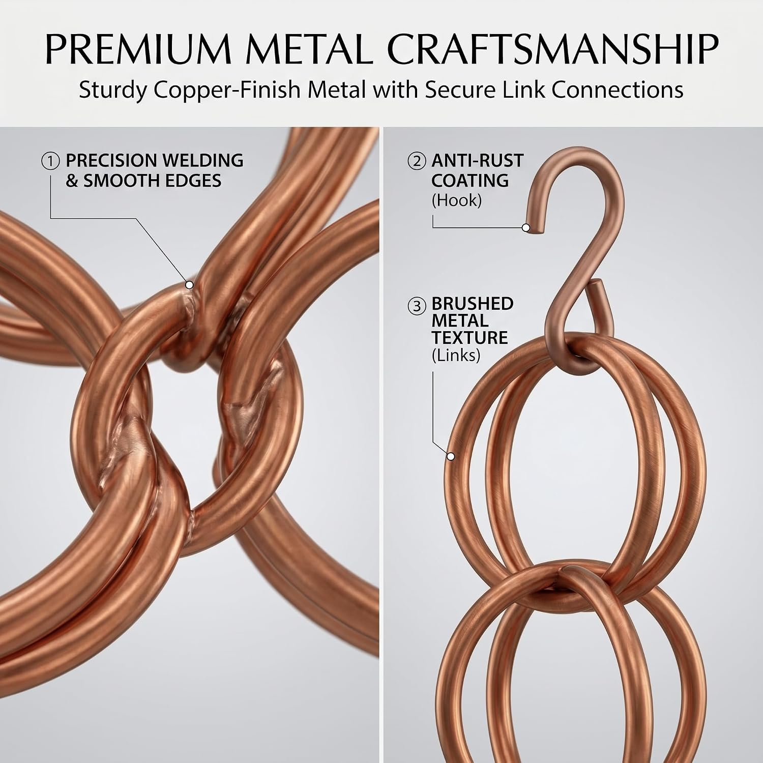 Topadorn 7.7FT Copper-Tone Double Ring Rain Chain | Modern Decorative Metal Downspout Replacement, Adjustable Outdoor