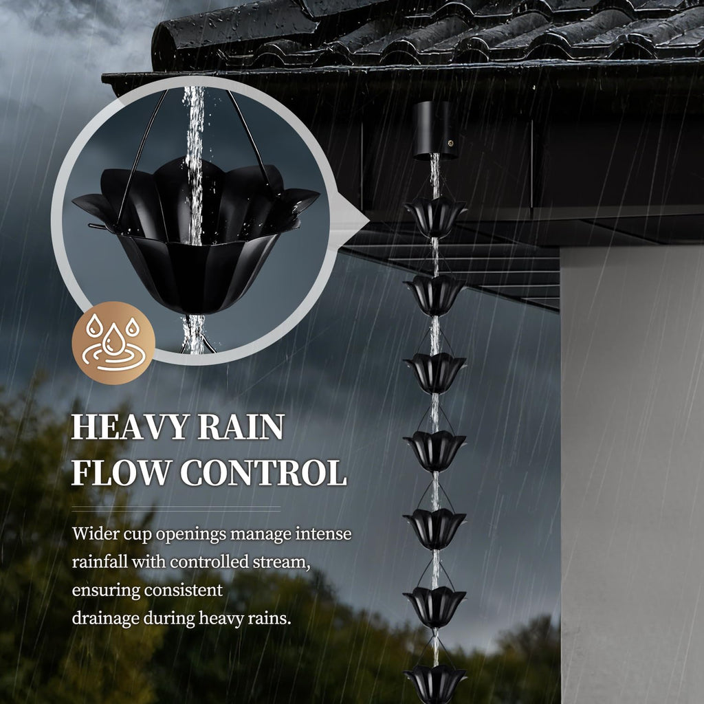 Rain Chains for Gutters Outside Black with Adapter 8.5FT 16 Cups | Rain Catcher Chain for Heavy Rain,Rust