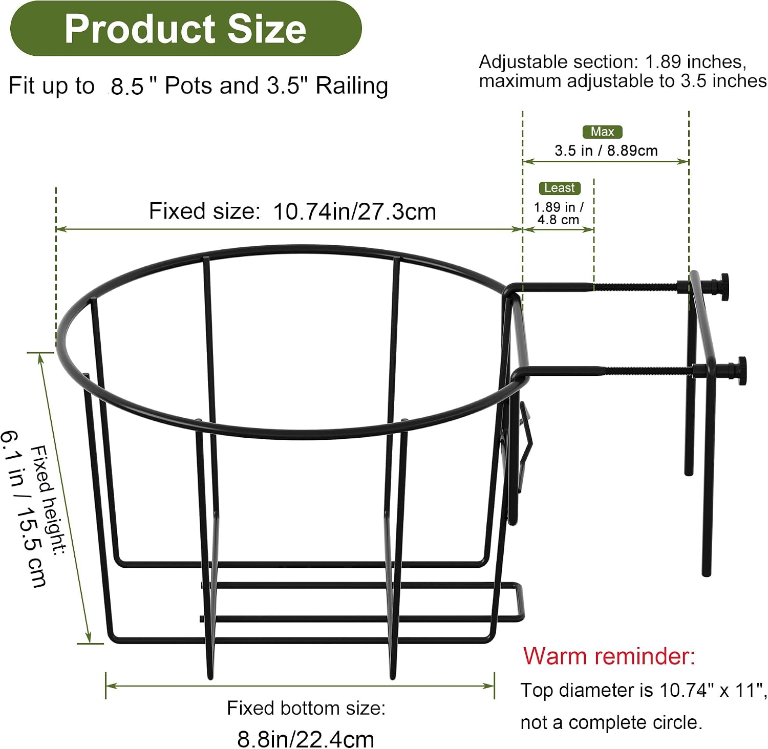 TQVAI Adjustable Hanging Railing Planter for 1.89 to 3.5 Inches Railings - Outdoor Balcony Deck Flower Pot Holder