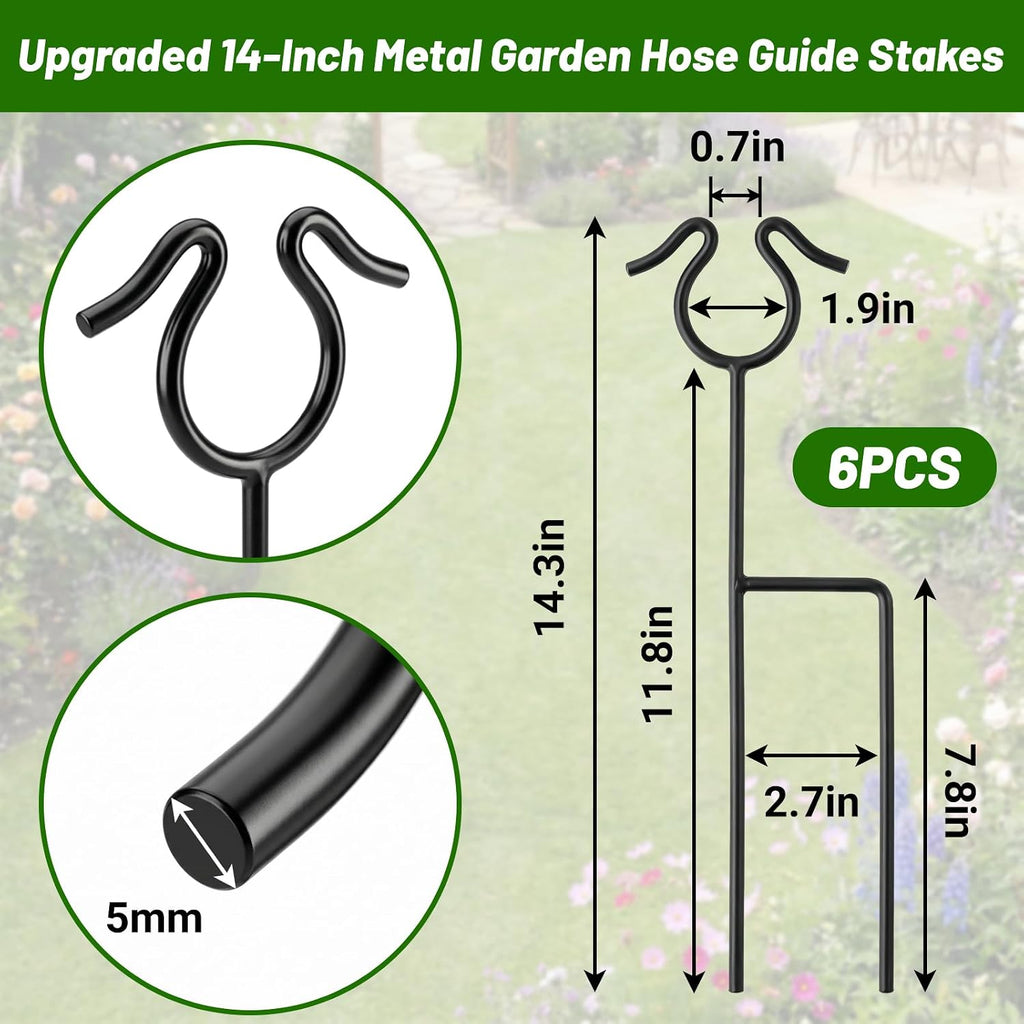 6 Pack Garden Hose Guide Stakes, 14 inch Metal Hose Guides for Garden Heavy Duty Rustproof Coated Spike Keeps Water