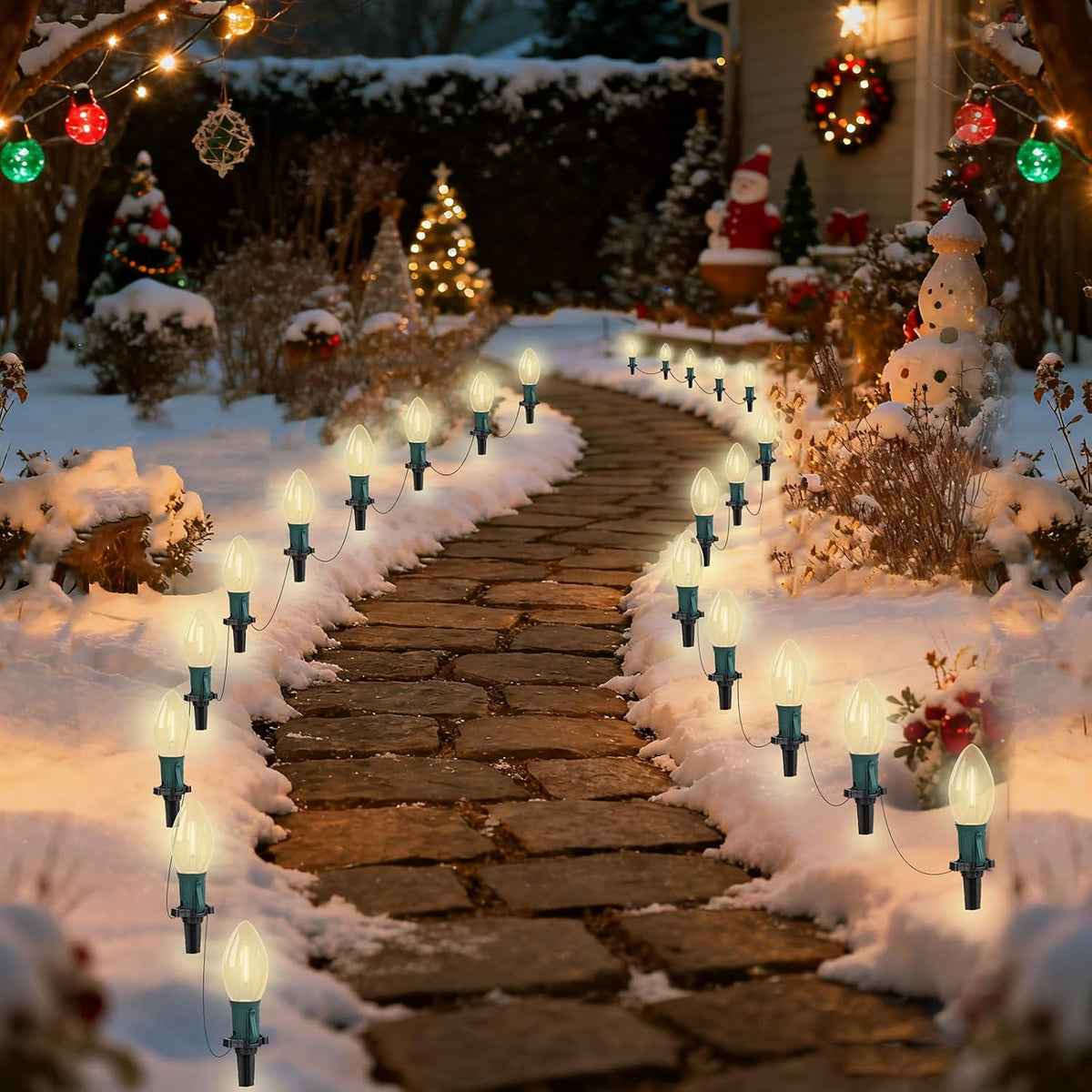 GOOTHY C9 Christmas Pathway Lights Outdoor 38Ft Connectable C9 LED Christmas String Lights with 25 LED Warm White Stakes Lights for Walkway Outdoor Yard Driveway Lawn Decorations