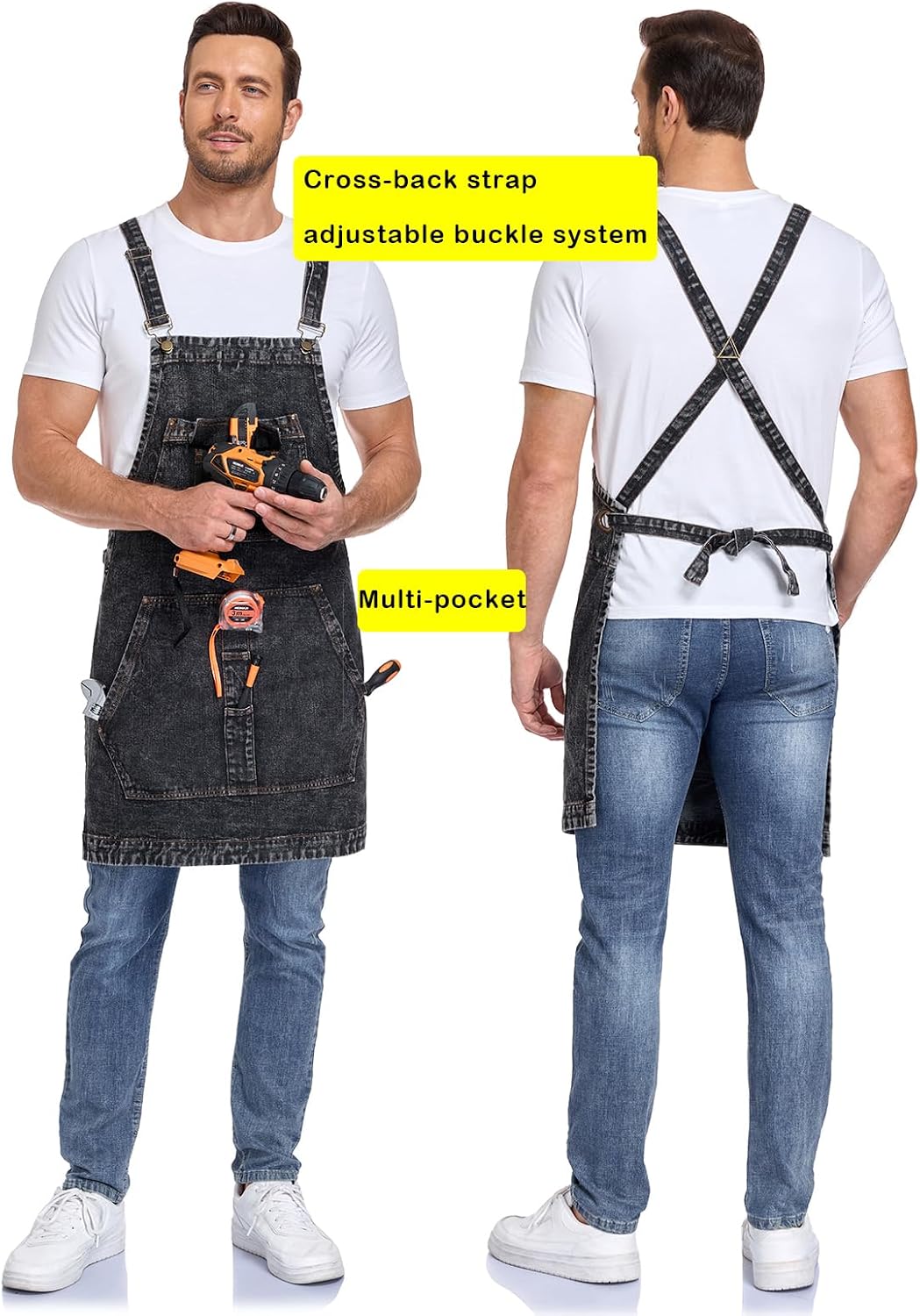 Denim Apron with Pockets for Hair Stylist Cross Back Men Women | Gardening Craftsmen Barista Hairdresser Jean Work