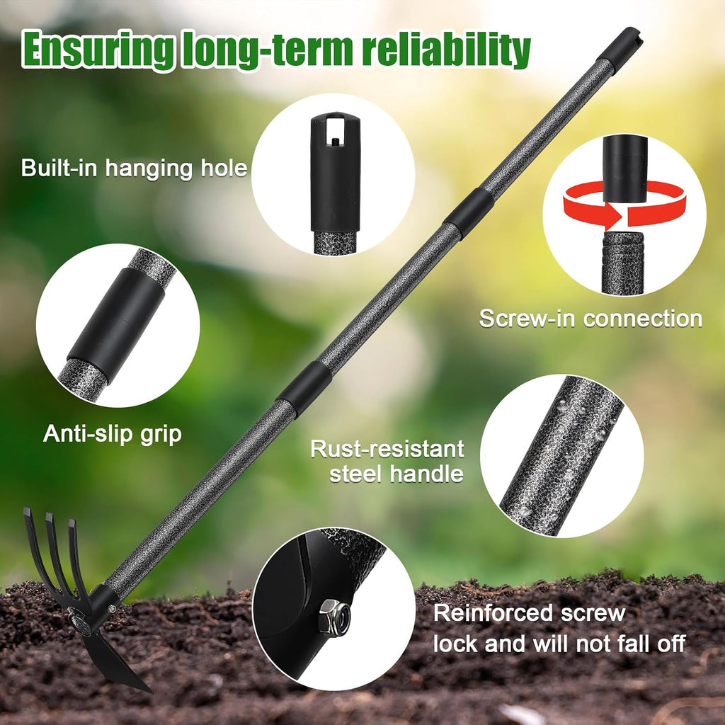 Garden Hoe with 3-Tine Cultivator Rake, 2-In-1 Carbon Steel Sharp Weeding Tool with 60 " Long Handle For Weed Removal