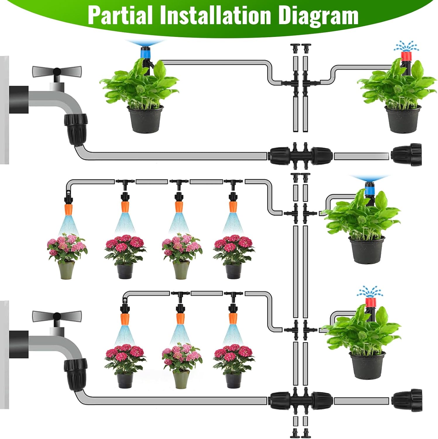 240FT Drip Irrigation System with with 1/2'' 1/4'' Tubing Hose | Automatic Drip Irrigation Kits Quick-Connect for