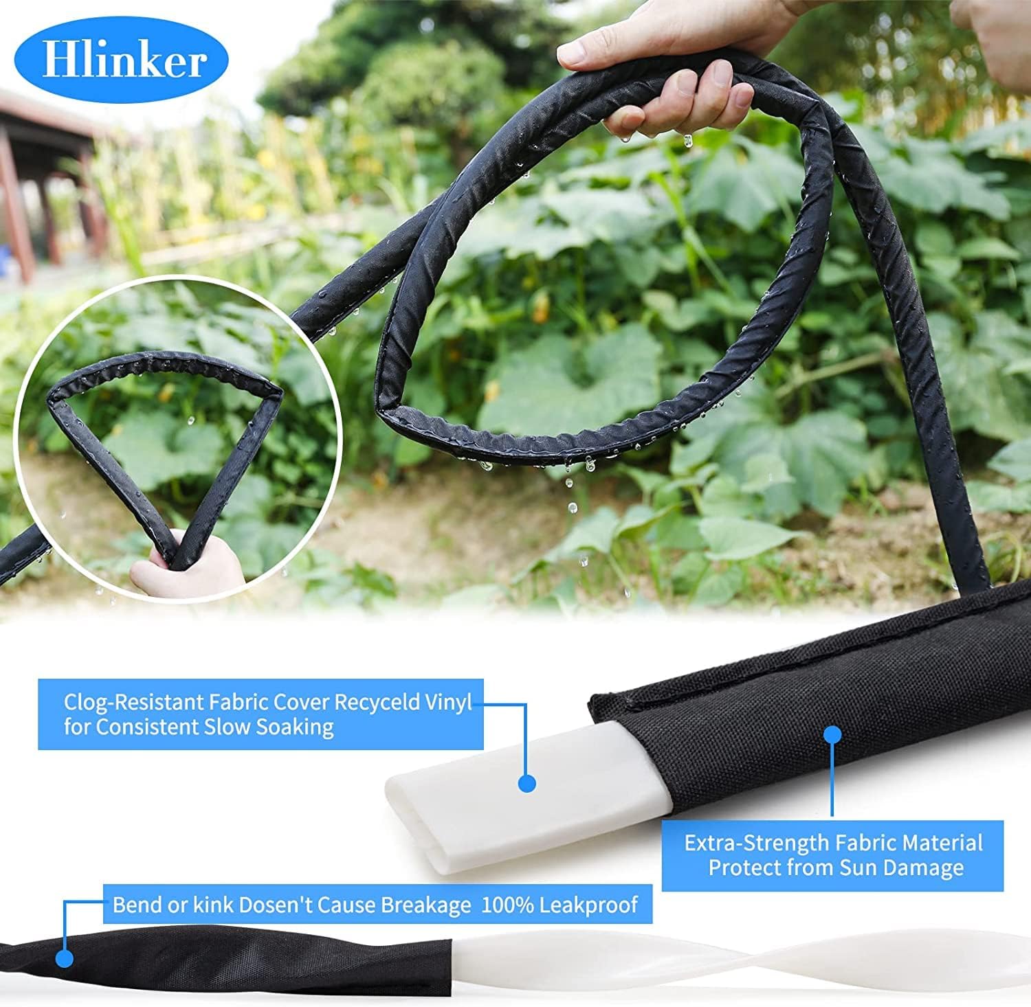Hlinker Flat Soaker Hose 50 200 FT for Garden Beds, 200FT 1/2" Linkable Consistent Drip Irrigation Hose Save 80% Water