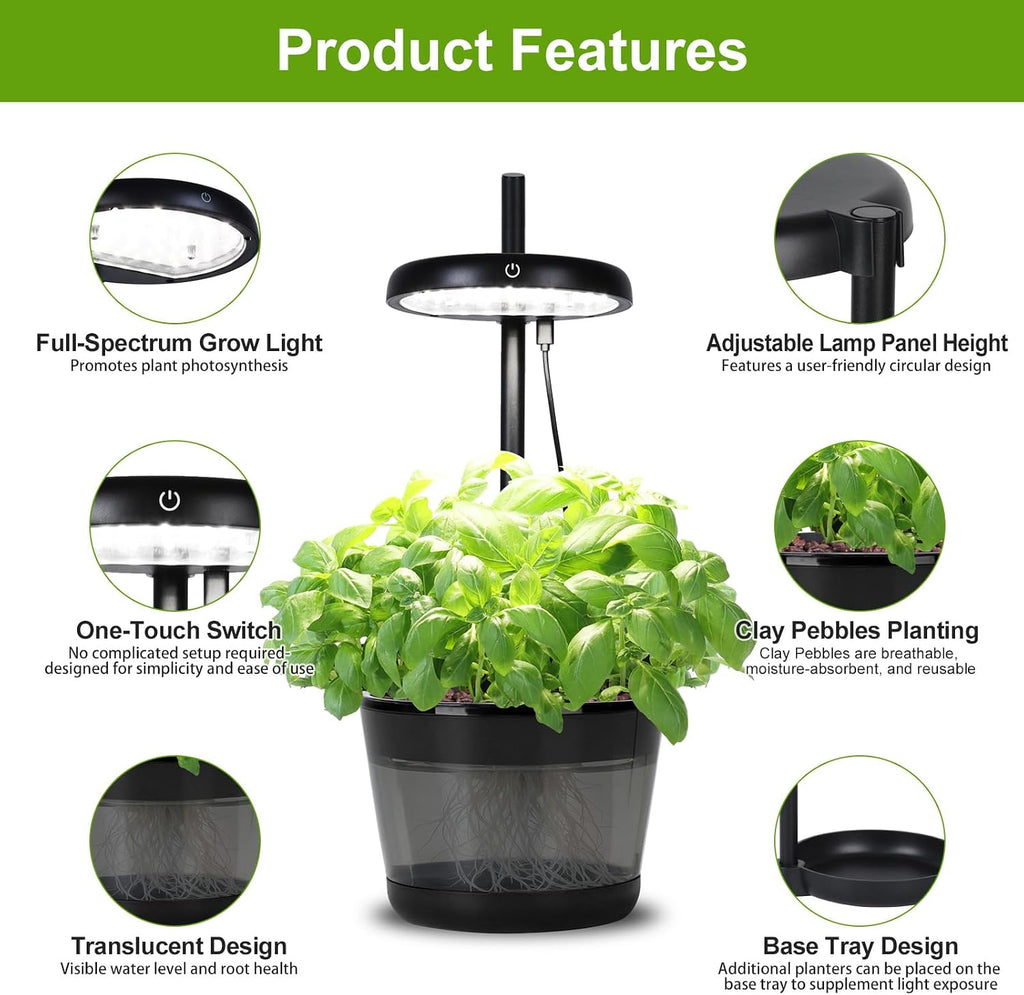 Indoor Clay Pebbles Hydroponic Gardening System with 20W LED Plant Grow Light.The Translucent hydroponic Growing System