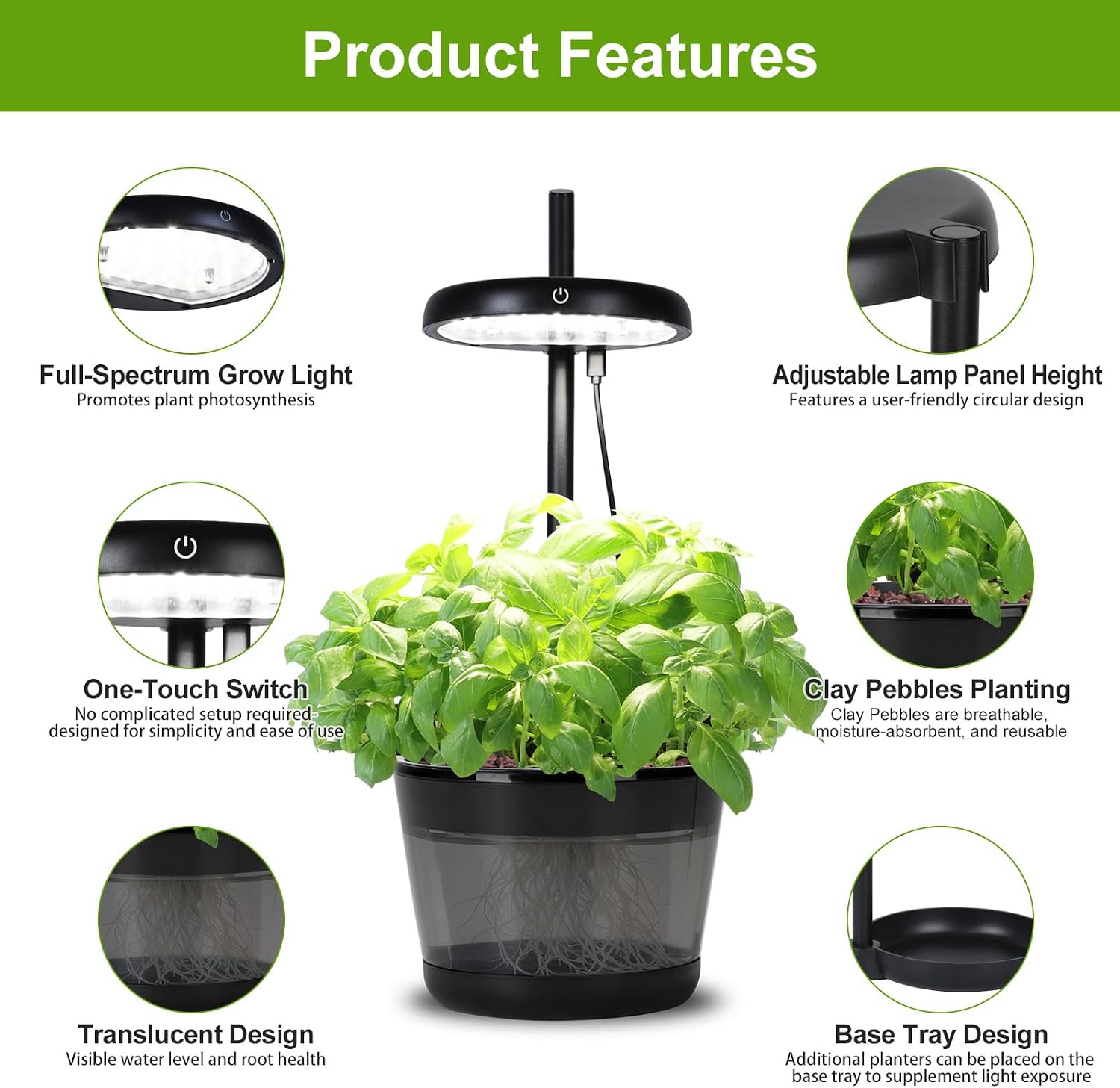 Indoor Clay Pebbles Hydroponic Gardening System with 20W LED Plant Grow Light.The Translucent hydroponic Growing System