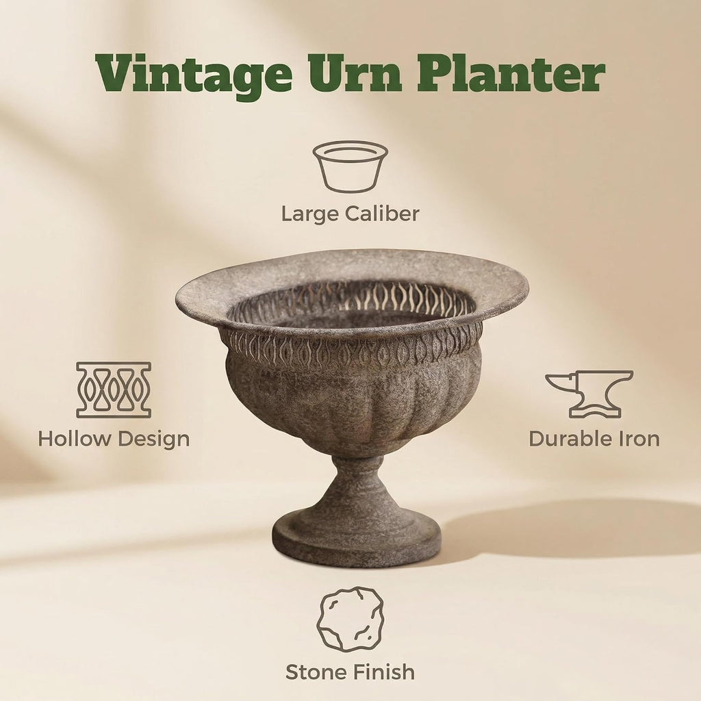 Vintage Urn Planter with Embossed Pattern, Imitation Stone Finish Flower Pot, Distressed Classic Plant Pot for Outdoor